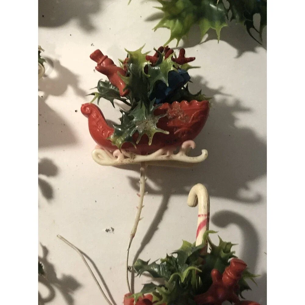 Vintage Plastic Christmas Decorations Bells Wreath Sled &Santa Poinsettias 1960s